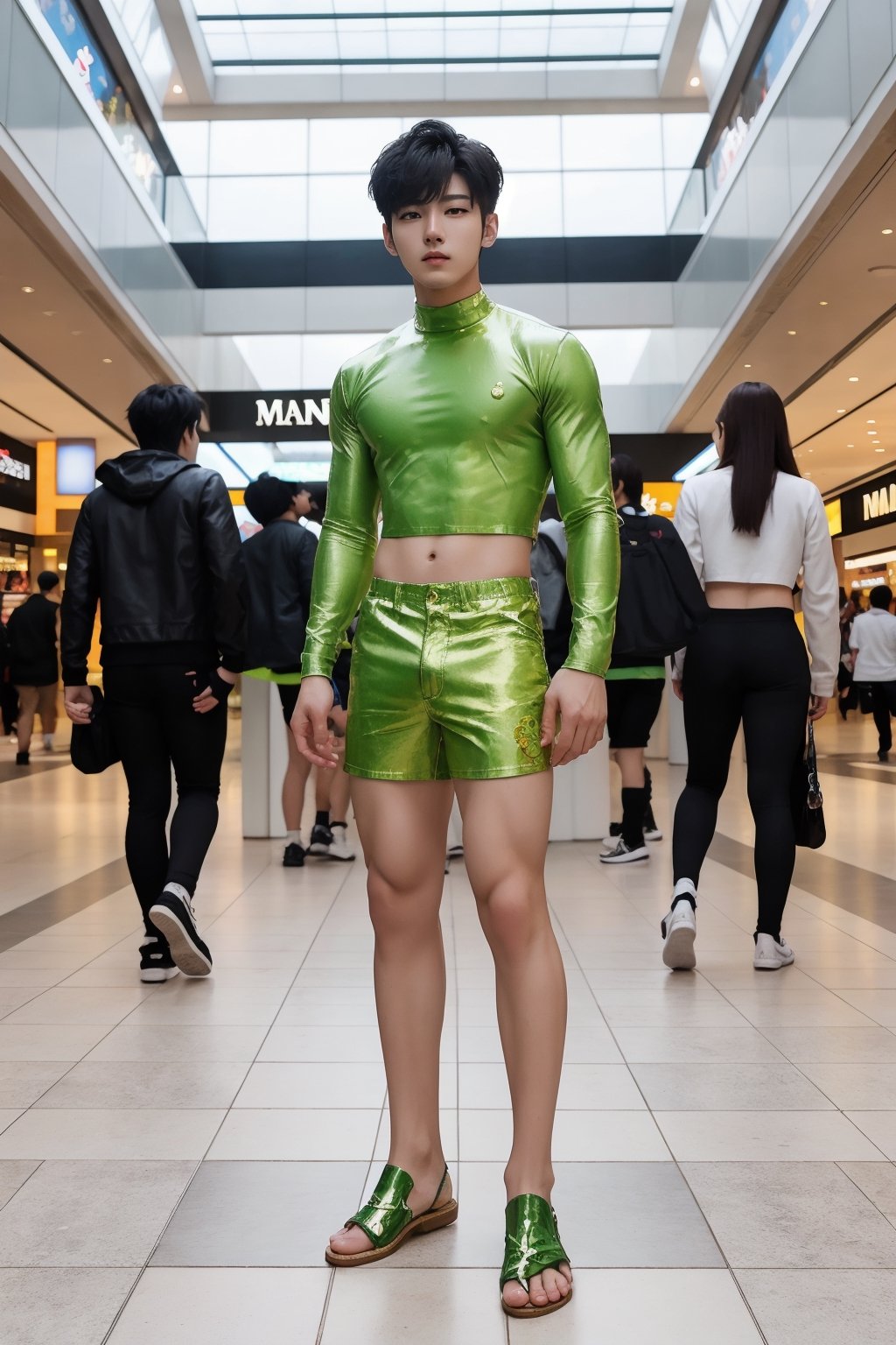 Medium full body shot ,masterpiece, best illustration, detailed 8K,male focus,hair between eyes, masterpiece, (best quality:1.3),best illustration,extremely detailed 8K wallpaper, 1boy, anime, k pop idol , man , crop top, bad boy, slime, at the mall,, sexy pose, little waist 