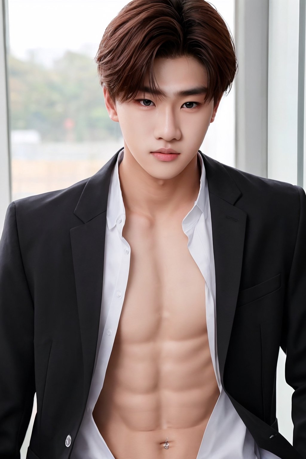 1boy, model face, black eyes, white skin, school_uniform,
Shirtless , 18 years old, model face ,photorealistic, idol ,Handsome guy