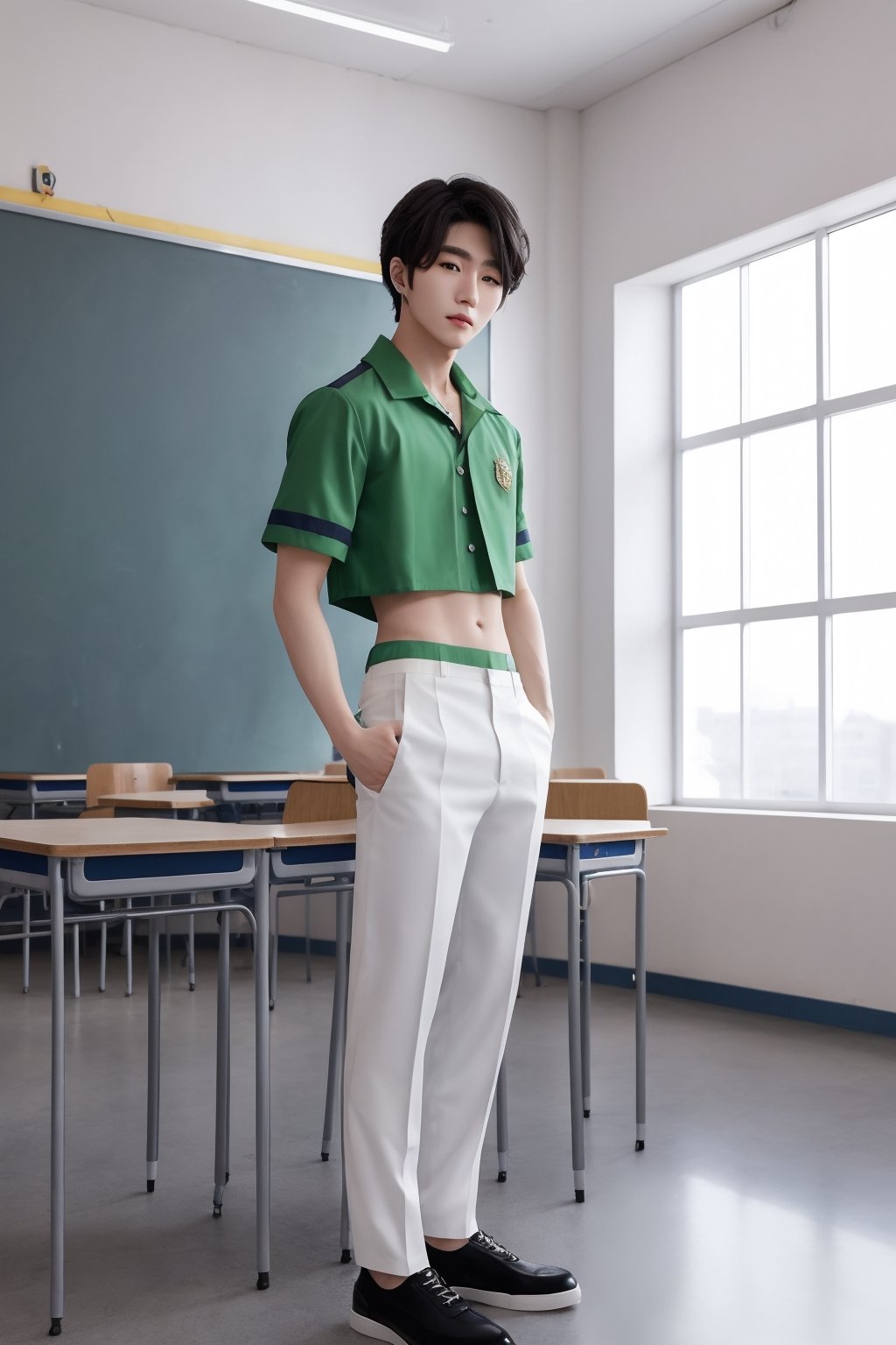 Medium full body shot ,masterpiece, best illustration, detailed 8K,hair between eyes, masterpiece, (best quality:1.3),best illustration,extremely detailed 8K wallpaper, youngman, k pop idol ,school uniform, crop top, bad boy, slime, at the classroom , sexy pose