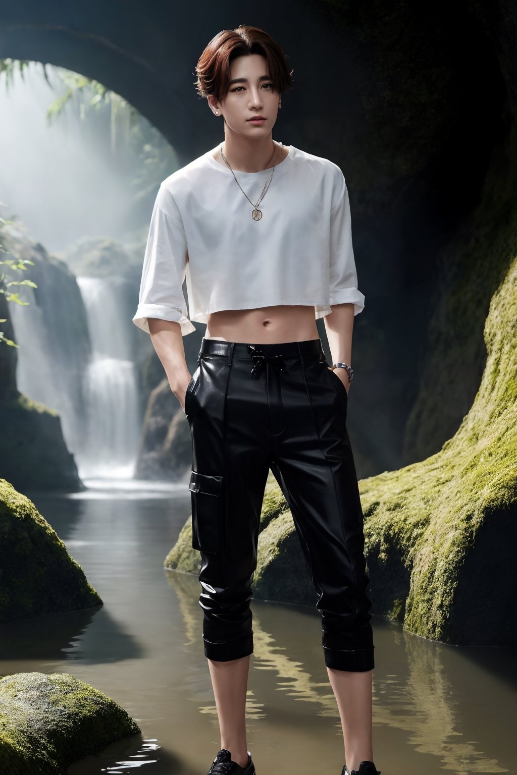 Medium full body shot, masterpiece, best illustration, detailed 8K,male focus,hair between eyes, masterpiece, (best quality:1.3),best illustration,extremely detailed 8K wallpaper, 1boy, anime, jungkook, crop top, bad boy, slime, swamp, crazy, sexy pose