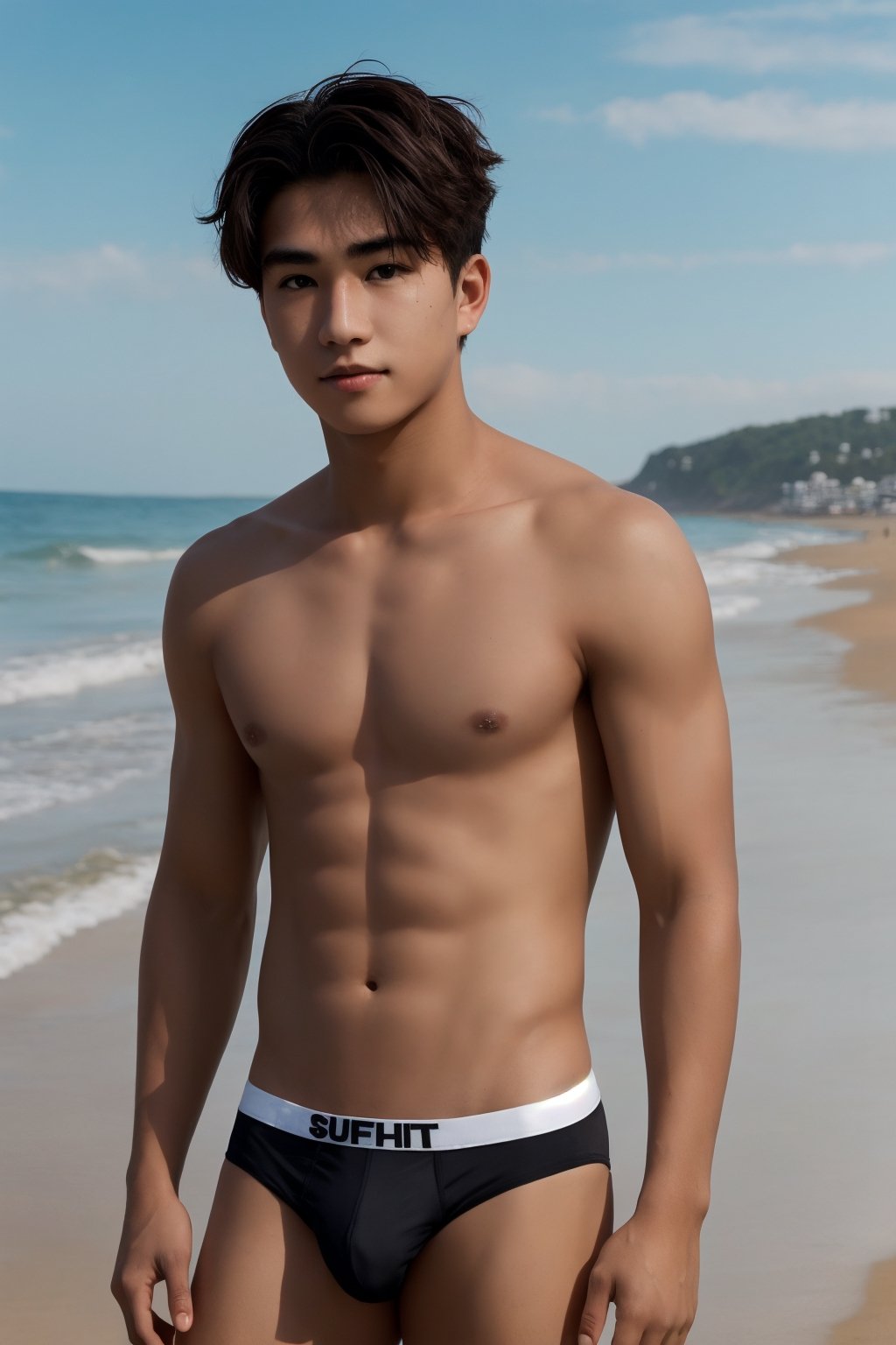 Medium full body shot, masterpiece,1boy , young ,  topless, black underwear,textured skin , super detail, best quality, flirty face, black eyes, white skin, at the beach 