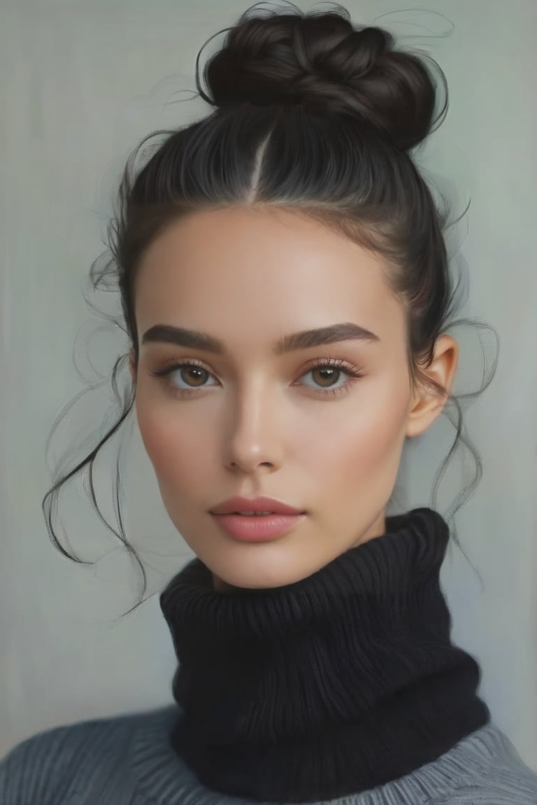 1girl, solo, looking at viewer, green eyes, black hair, black hair, closed mouth, hair bun, sweater, lips, turtleneck, portrait,, realistic, black sweater,ENHANCE,photorealistic,4k