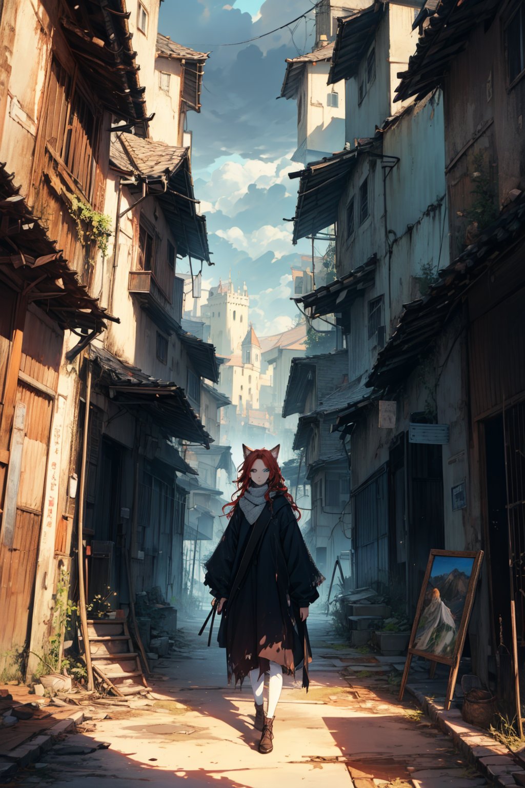 In a dark color painting, a girl（15yo） with long red hair, stands in the center of the painting, occupying one third of the painting. She wears shabby clothes. The girl has cool blue eyes, dark red hair, and cat ears. Her costume trim has some damage and stains. There is a medieval castle in the main visual background, and the surrounding environment is a dilapidated and gloomy city. The scene is set against a cloudy sky, adding to the authenticity of the painting.