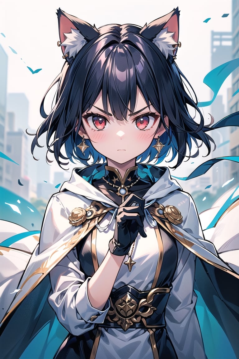 1girl, solo, short hair, looking at viewer, blush, bangs, red eyes, black hair, inner red hair, gloves, long sleeves, animal ears, jewelry, closed mouth, upper body, weapon, earrings, outdoors, black gloves, blades, cat ears, necklace, blue and white cape, v-shaped eyebrows, animal ear fluff, floating hair, holding sword, extra ears, serious, glint, Sexy Pose