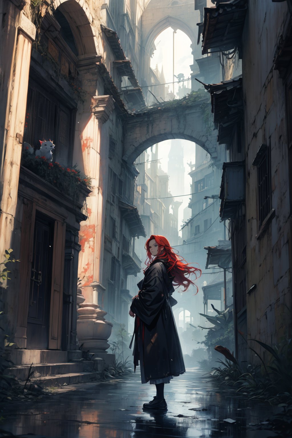 In a dark color painting, a girl（15yo） with long red hair, stands in the center of the painting, occupying one third of the painting. She wears shabby clothes. The girl has cool blue eyes, dark red hair, and cat ears. Her costume trim has some damage and stains. There is a medieval castle in the main visual background, and the surrounding environment is a dilapidated and gloomy city. The scene is set against a cloudy sky, adding to the authenticity of the painting.