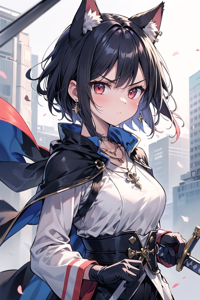 1girl, solo, short hair, looking at viewer, blush, bangs, red eyes, black hair, inner red hair, gloves, long sleeves, animal ears, jewelry, closed mouth, upper body, weapon, earrings, outdoors, black gloves, sword, cat ears, necklace, blue and white cape, v-shaped eyebrows, animal ear fluff, floating hair, holding sword, extra ears, serious, glint, Sexy Pose