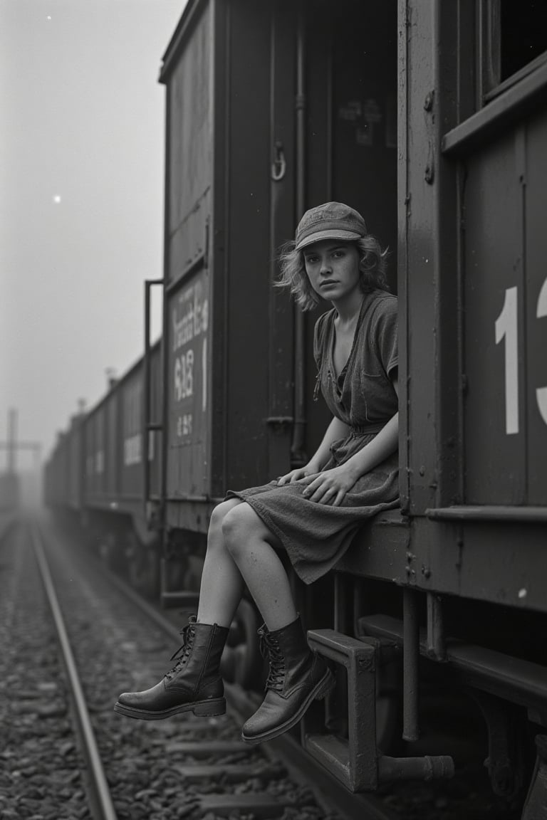 ((A dirty, dirty, dirty, muddy, freckled, neglected girl in ragged black hitchhiker's clothes sits at the open door of a Santa Fe freight  box car in a freight train and lets her legs dangle:1.4)), 21 years old, Carey Mulligan, Sophia Lillis,  (((dirty face:1.4))), dirty skin:1.4, dirty clothes:1.4, messy hair, dusty, foggy, bum hitchhiker, boots with open laces, bruised knees:1.4, She wears a craftsman cap on her head, and her delicate beautiful gracile girl's hands bear witness to poverty and hunger, 5 fingers, sinewy, correct anatomy, high detailed face, high detailed hands, high detailed eyes, Everything is shrouded in the smoke of a distant steam engine, black-and-white photo, 1930 photo, ortho film, photorealistic, sepia, washed out, sparkles, scratches, 25 ASA, old photo