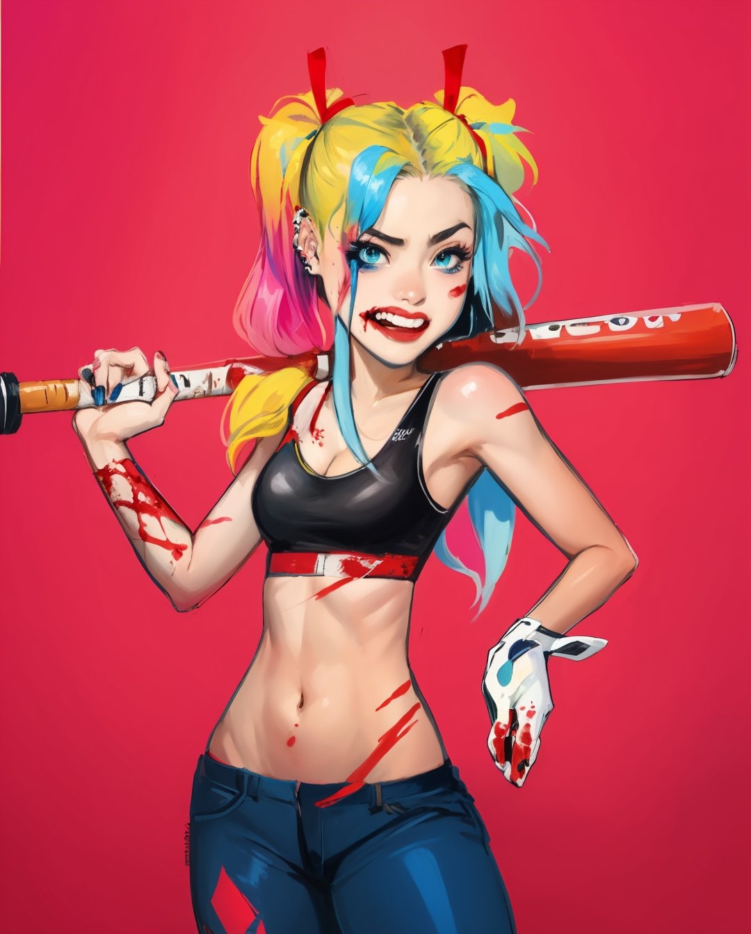 ((Samdoesart)), detailed face, extremely detailed painting, pixar, maximum quality, (simple background), Harley Quinn, 1girl, solo, long hair, breasts, ribbon, navel, holding, cleavage, twintails, blue hair, hair ribbon, pink hair, multicolored hair, cowboy shot, midriff, nail polish, blood, gradient hair, piercing, sports bra, marker \(medium\), baseball bat,SAM YANG,1girl