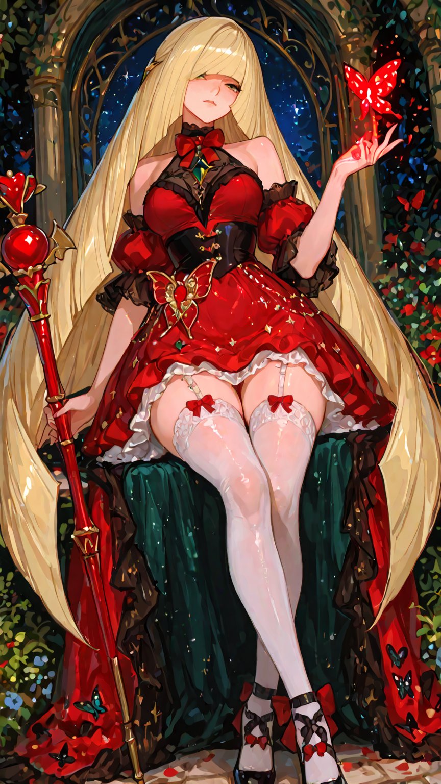 A mature woman named Lusamine stands in a magical garden. She wears a red dress with a red bow,  holding a magic wand. Her...