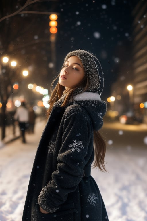 Cute girl with long hair stands confidently under the winter night cityscape,  wearing a trendy fashion coat over a hoodie...