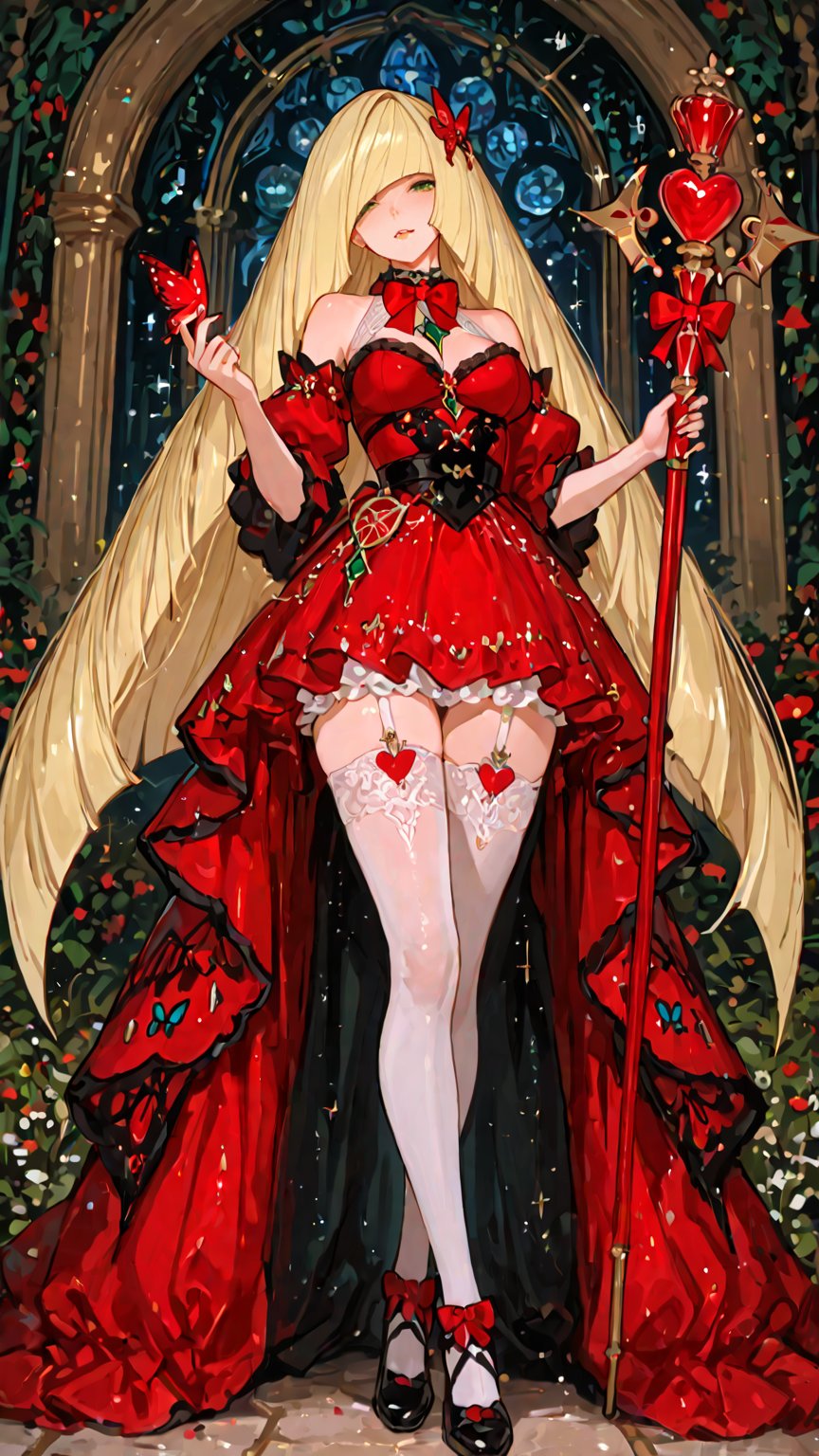 A mature woman named Lusamine stands in a magical garden. She wears a red dress with a red bow,  holding a magic wand. Her...