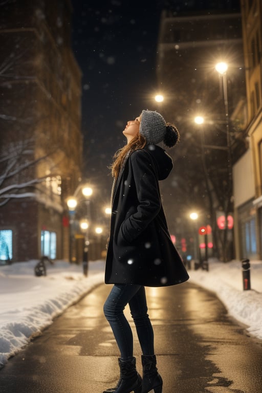 Cute girl with long hair stands confidently under the winter night cityscape,  wearing a trendy fashion coat over a hoodie...