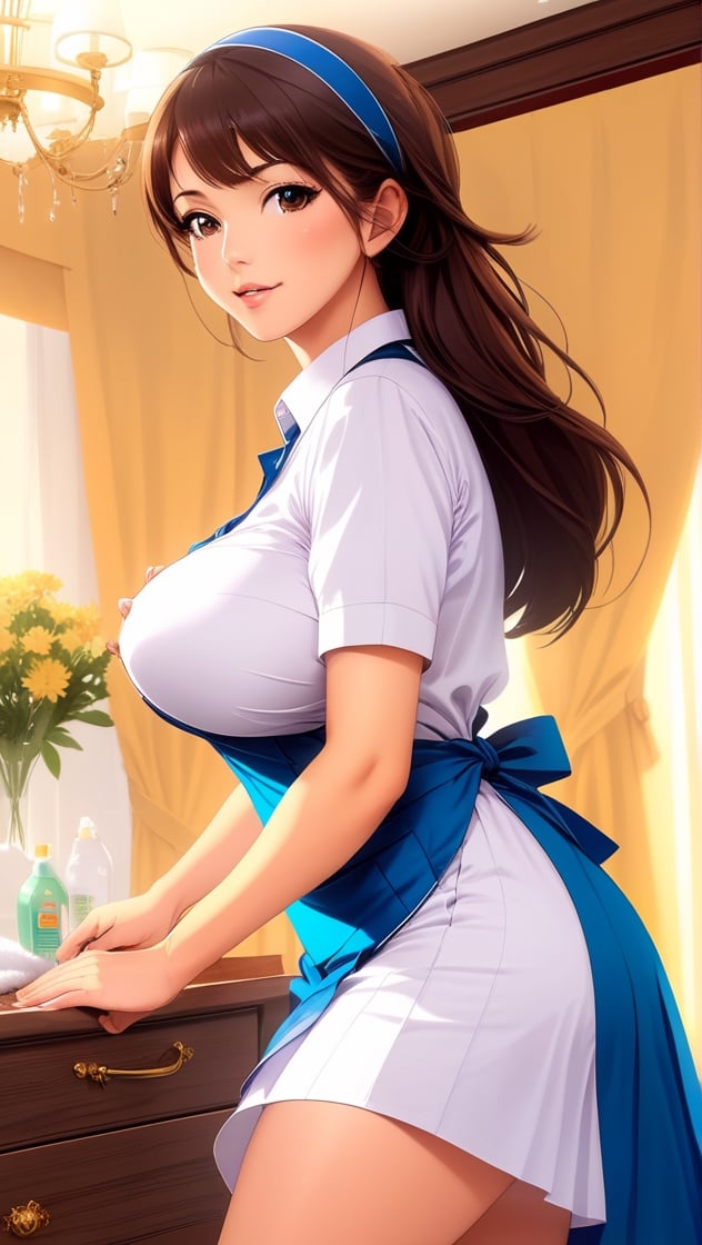 Housekeeper, 1girl, beauty, cleaning, big breasts, medium shot, masterpiece,