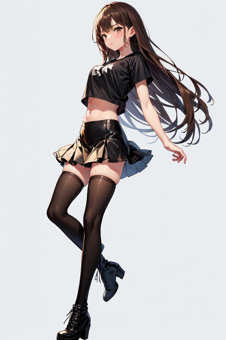 1girl, solo, long hair, skirt, simple background, brown hair, shirt, black hair, thighhighs, white background, navel, brown eyes, full body, boots, midriff, black thighhighs, black footwear, zettai ryouiki, thigh boots, crossed arms, t-shirt