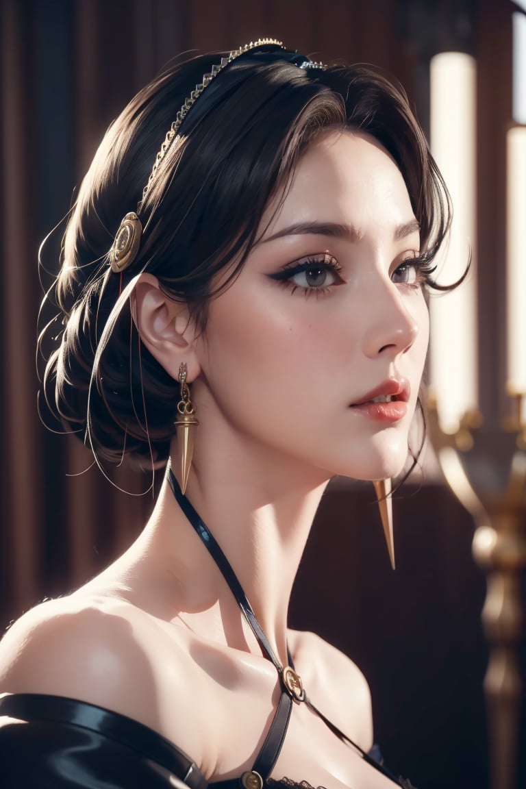 Perfect face, perfect body, blue eyes, glamorous, gorgeous, delicate, romantic, Elizabethan woman, steampunk gothic romanticism, Harrison Fisher dark twist style, anime, zoomed in, short hair with long locks, (thick eyeliner), (eye shadow),(red lips), blush