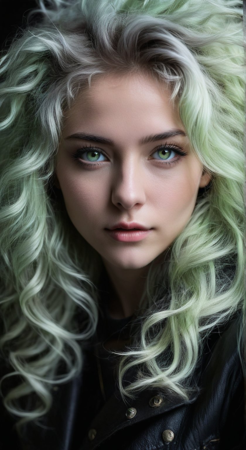 masterpiece, highly detailed image of a  girl with light gray eyes, Light green long frizzy hair, punk hairstyle, sweet and shy expression, little smile, cozy lighting, very dark background,  portrait, unusual composition, use of negative space, spectral, close-up, detailed eyes, detailed mouth,LegendDarkFantasy