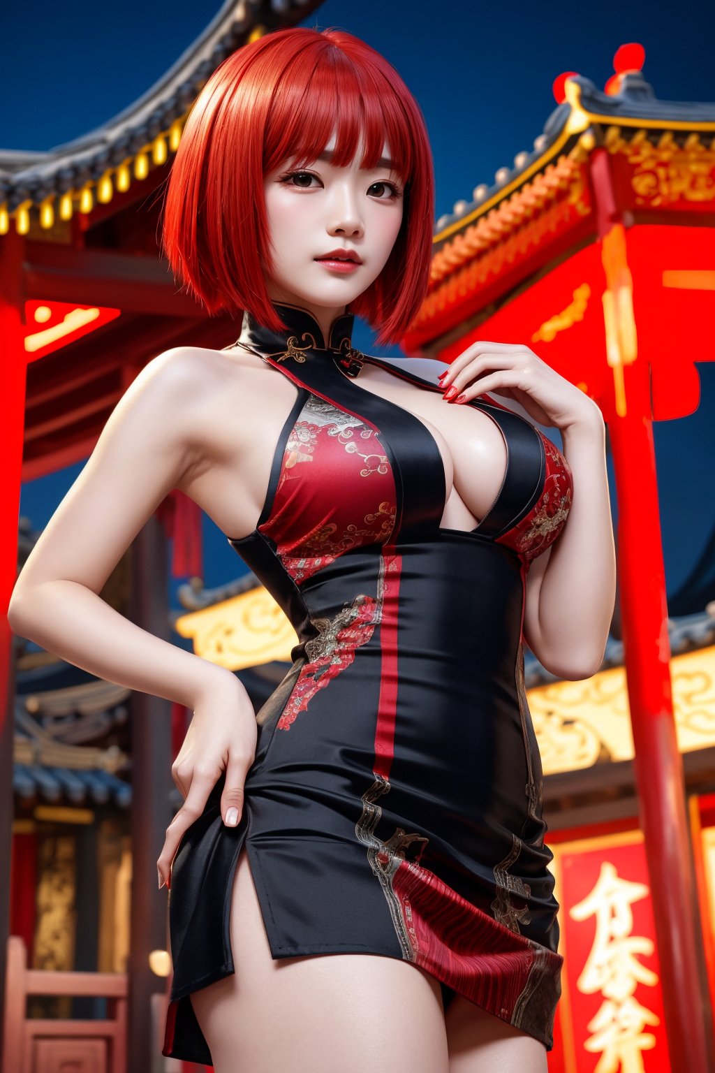 cowboy shot,photo real,photo,1girl,cowboy shot,((red bob cut)),(red multicolored hair,blunt bangs),Best Quality, 32k, photorealistic, ultra-detailed, finely detailed, high resolution, perfect dynamic composition, beautiful detailed eyes, sharp-focus,(looking at viewer), front_view,(((black china dress))),(black chinese dress),(evil smile),((white gazebo)),(evil),Chinese town,Shanghai,Chinese city,(midnight,night),side boobs,side_breast
