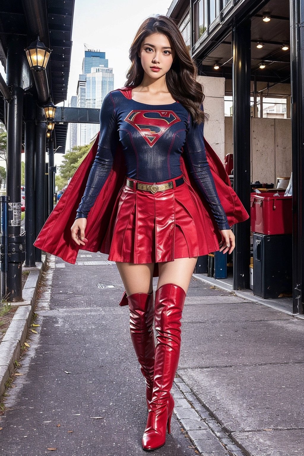 1girl, long black hair,supergirl,wearing Supergirl's blue tight uniform,perfect,red Boots higher than knees,Red miniskirt,Red long cape,full body,Bright colors,Bright red Boots, red miniskirt,Huge chest,Boots over the knee,Clothes are tied to skirts,Red miniskirt,Female model posen,Red over-the-knee pointed high-heeled boots,full body,running in the middle of the road,full body,tall girl,long boots,Red long cape,Boots longer than legs,Chinese supergirl,18years old,Don't show belly,Extremely long tip boots,red skirt,full body,supergirl's tight suit,Don't show knees,Knees wrapped in boots,strong girl,Pointy high-heeled boots,thin high heels,Uniforms and skirts are connectedUniforms and skirts are connected,Don't show your stomach,red skirt,full body,Extra long red boots,Golden Supergirl Belt,One-piece tight uniform
,Show the outline of the muscles,Red miniskirt and long cape,Boots must be over the knee,Integrated coats,Golden Supergirl Belt,Red miniskirt,Full of muscles,Tall and strong,Sexy,Full of muscle beauty,red dress,The skirt must be red.