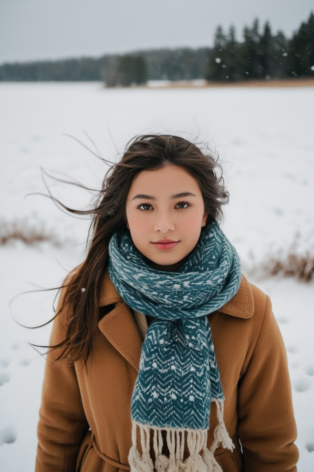 A 20 years old girl stands in the middle of a snowy field, her face filled with wonder and joy. She is wearing a cozy winter coat and a colorful scarf, her hair gently blowing in the wind. The digital camera used to capture this moment is a Canon EOS Rebel T7i, positioned at a low angle to capture the beauty of the snow-covered landscape surrounding her. The soft, natural light enhances the peaceful atmosphere, highlighting the delicate snowflakes falling around her. The overall scene conveys a sense of tranquility and serenity in the midst of a winter wonderland.