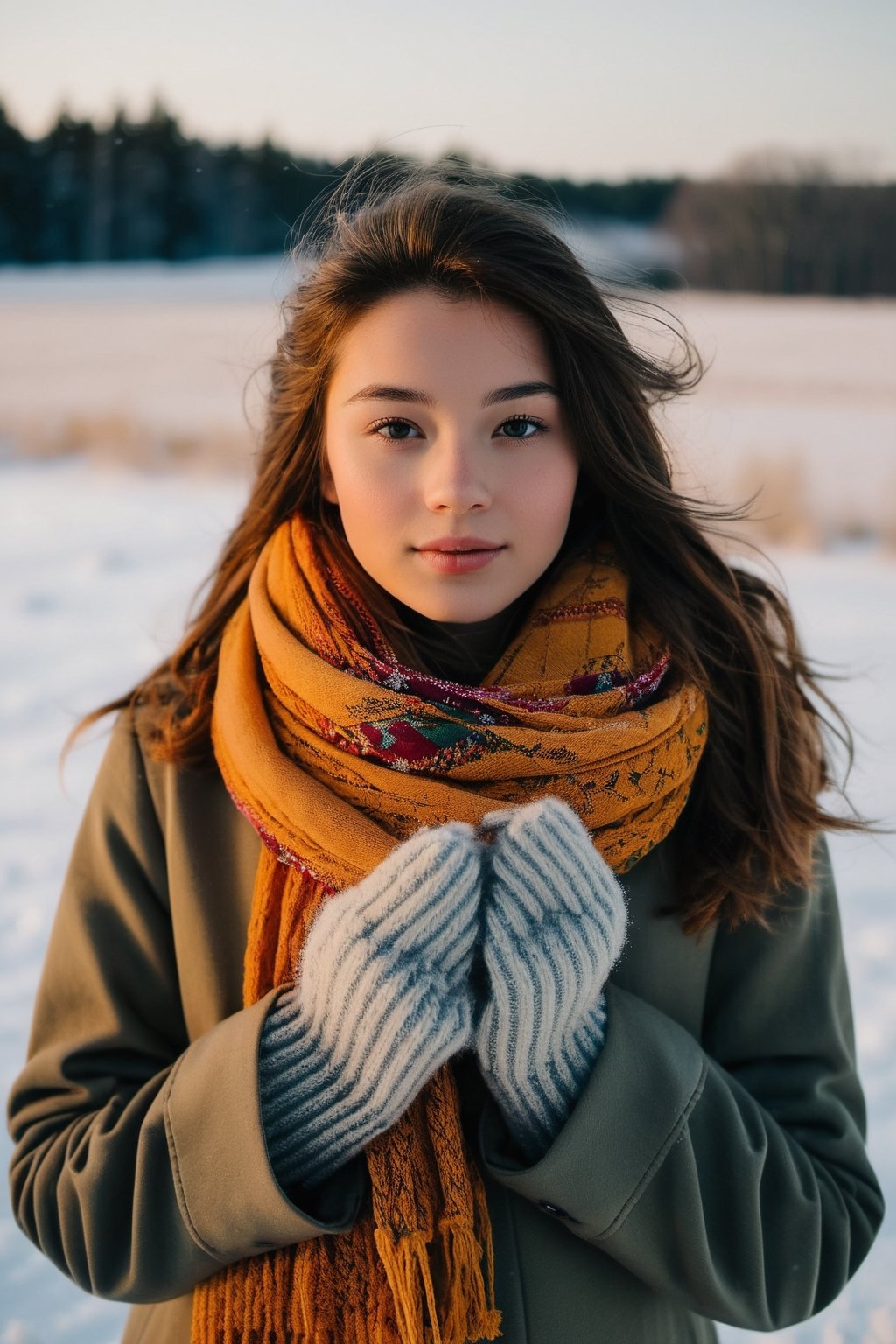 A 20 years old girl stands in the middle of a snowy field, her face filled with wonder and joy. She is wearing a cozy winter coat and a colorful scarf, her hair gently blowing in the wind. The digital camera used to capture this moment is a Canon EOS Rebel T7i, positioned at a low angle to capture the beauty of the snow-covered landscape surrounding her. The soft, natural light enhances the peaceful atmosphere, highlighting the delicate snowflakes falling around her. The overall scene conveys a sense of tranquility and serenity in the midst of a winter wonderland.