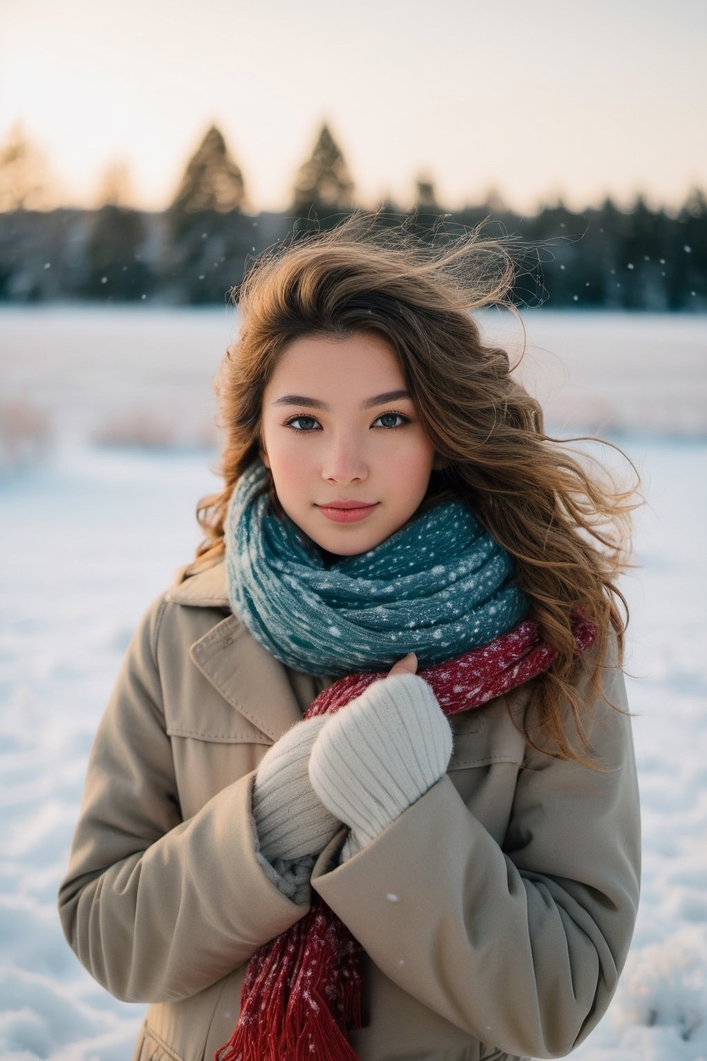 A 20 years old girl stands in the middle of a snowy field, her face filled with wonder and joy. She is wearing a cozy winter coat and a colorful scarf, her hair gently blowing in the wind. The digital camera used to capture this moment is a Canon EOS Rebel T7i, positioned at a low angle to capture the beauty of the snow-covered landscape surrounding her. The soft, natural light enhances the peaceful atmosphere, highlighting the delicate snowflakes falling around her. The overall scene conveys a sense of tranquility and serenity in the midst of a winter wonderland.