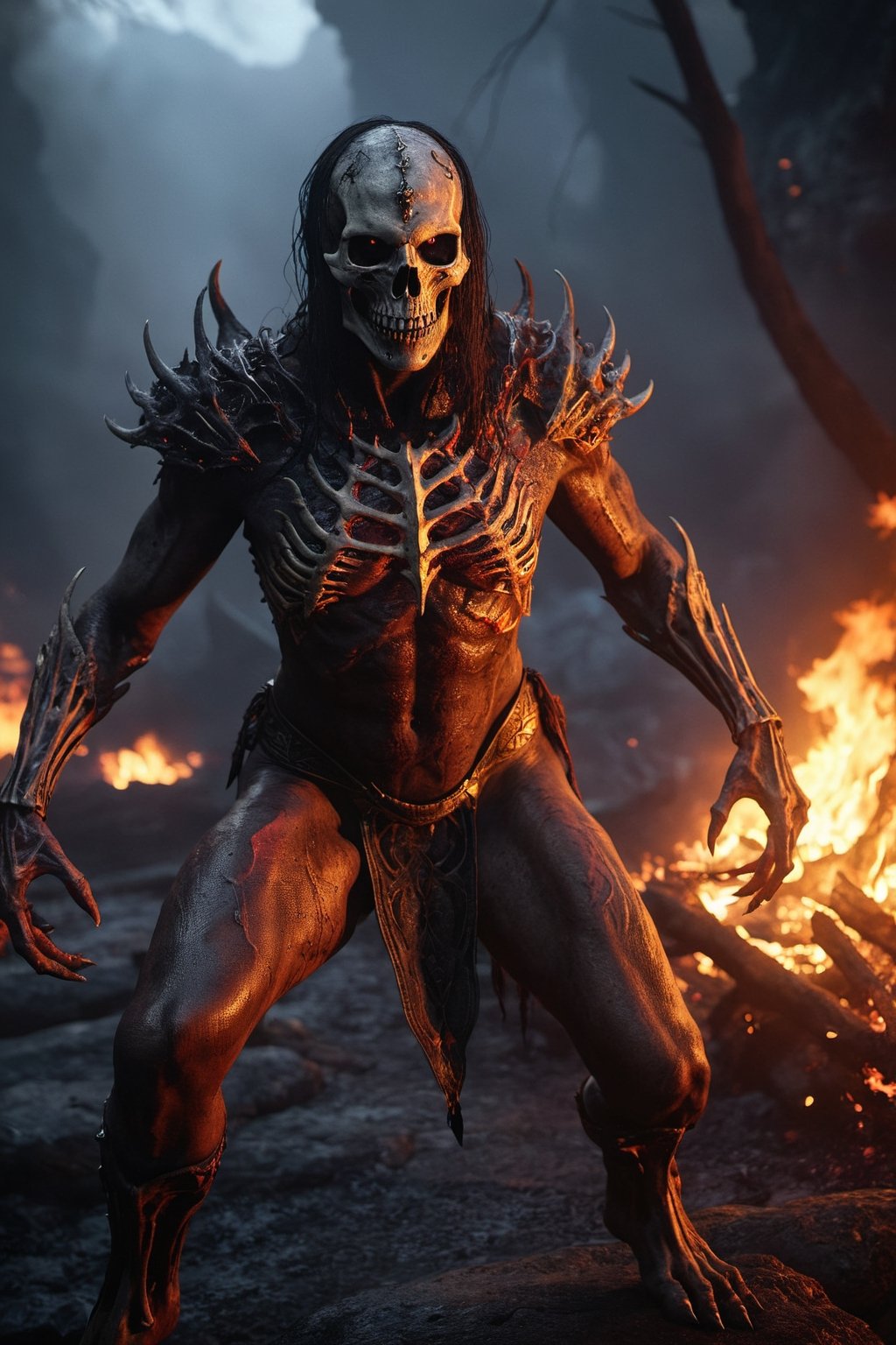 Generate hyper realistic image of a macabre scene of an undead pyromancer,  wreathed in flames,  casting dark fire spells...