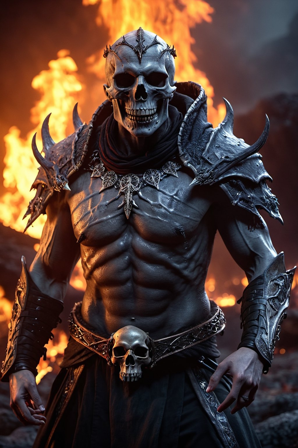 Generate hyper realistic image of a macabre scene of an undead pyromancer,  wreathed in flames,  casting dark fire spells...