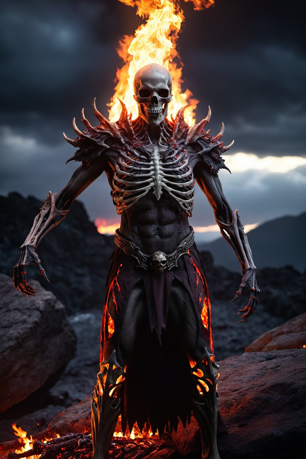 Generate hyper realistic image of a macabre scene of an undead pyromancer,  wreathed in flames,  casting dark fire spells...