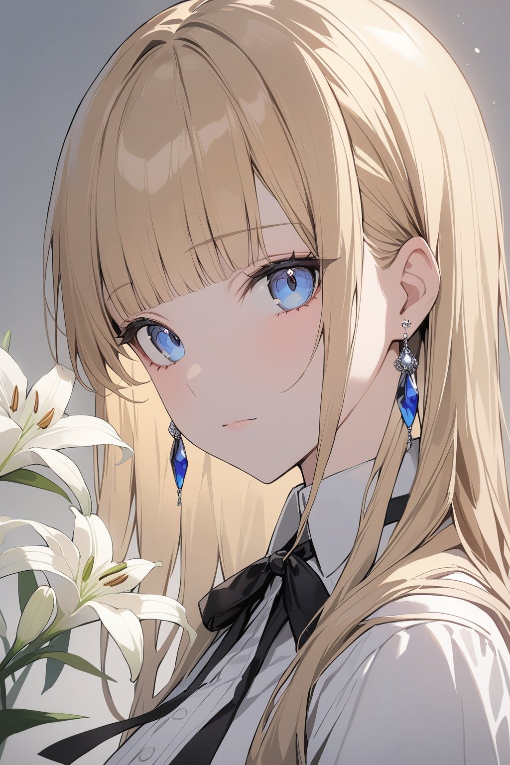 masterpiece, best quality, 1girl, solo, long hair, looking at viewer, bangs, blue eyes, blonde hair, shirt, bow, ribbon, jewelry, closed mouth, flower, earrings, blunt bangs, grey background, black ribbon, black bow, neck ribbon, portrait, lily \(flower\), depth_of_field, 