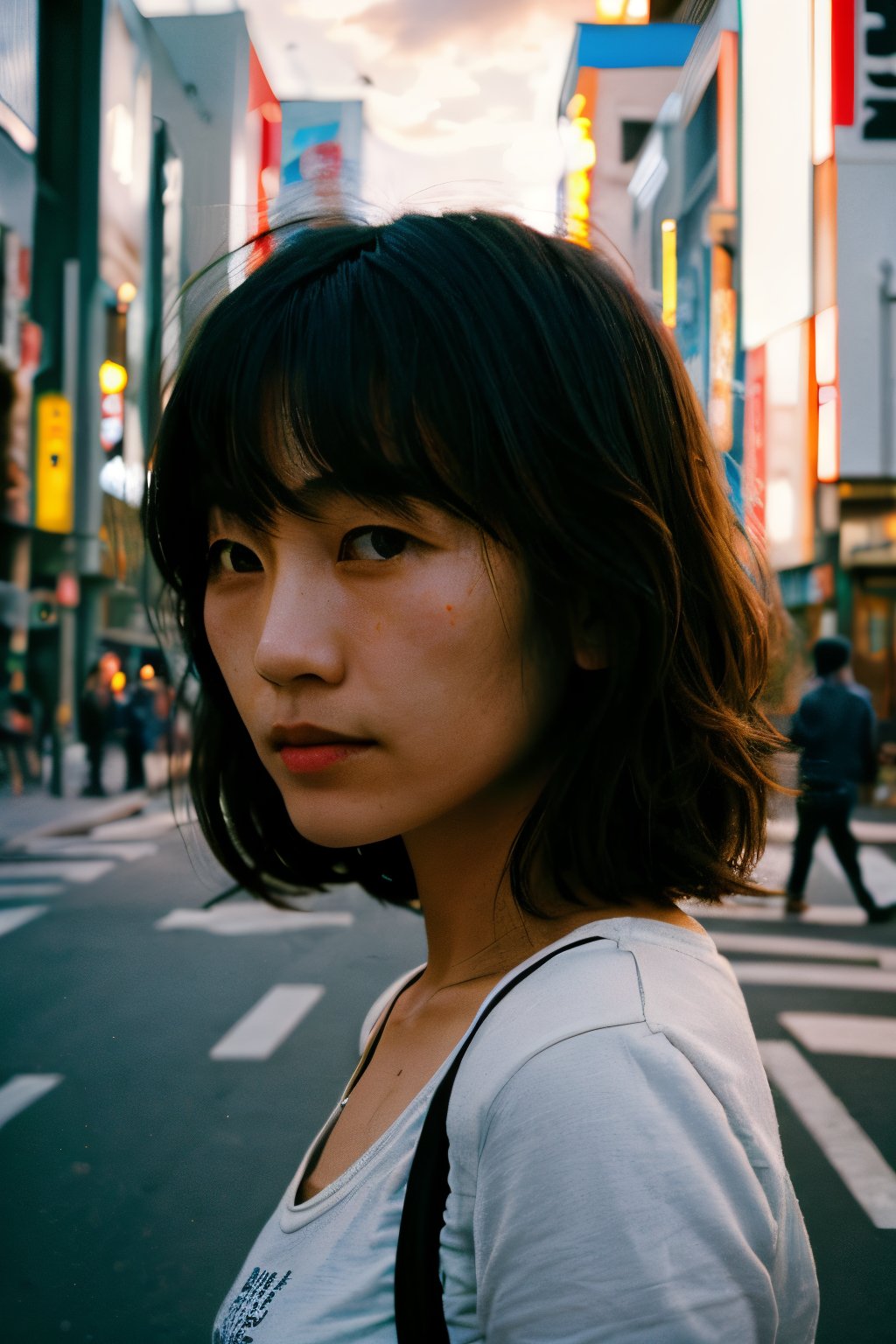 close-up,realistic,portrait,film grain,sunlight,shadow,asian,woman,sunlight,day,epic,fantastic,street,messy hair,light,grainy,real photo,outdoor,grainy,lightshapes,cloudy color,japan,