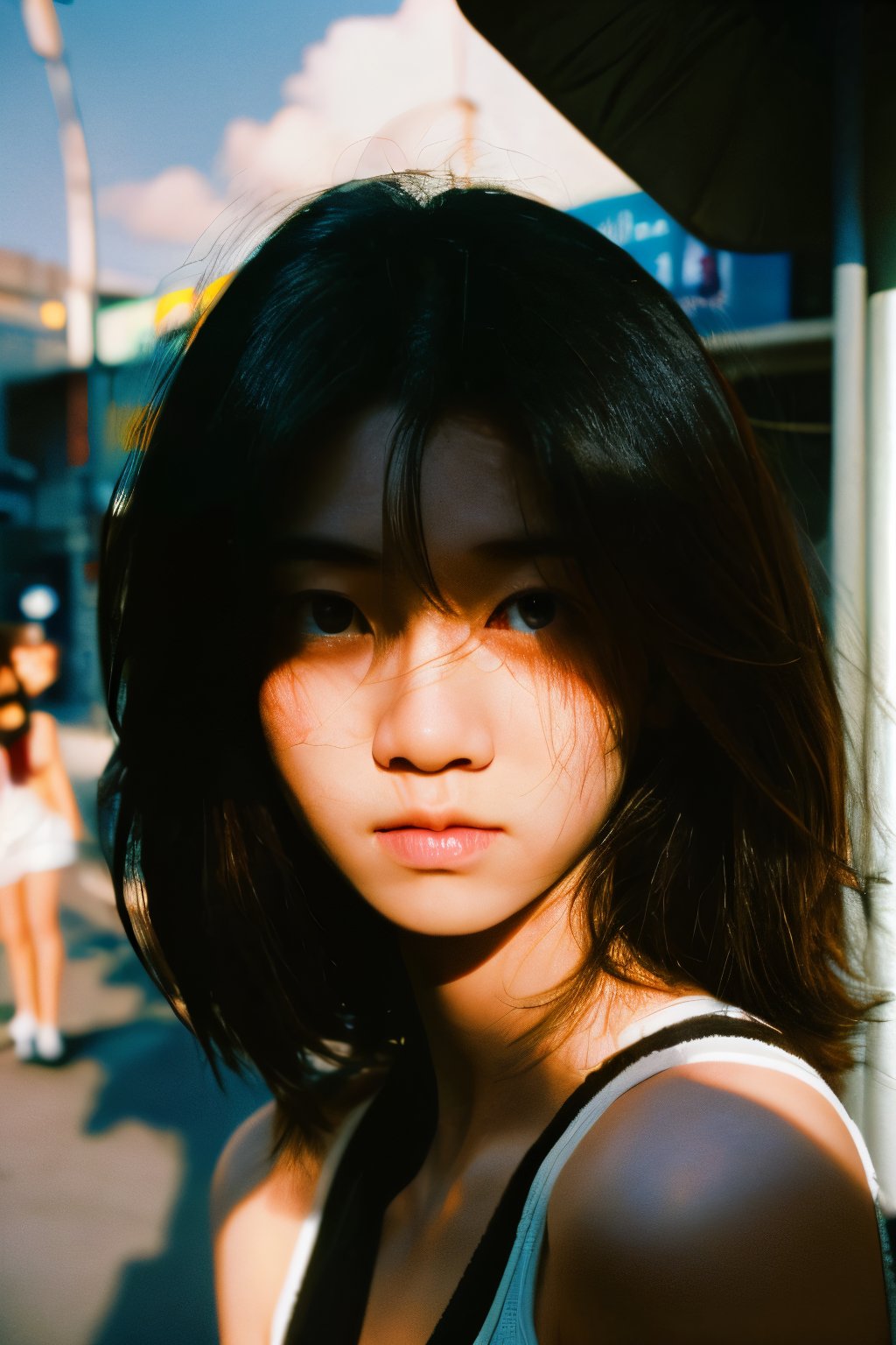 realistic,portrait,film grain,sunlight,shadow,asian,woman,sunlight,day,epic,fantastic,street,messy hair,light,grainy,real photo,outdoor,grainy,lightshapes,cloudy color,japan,score_9