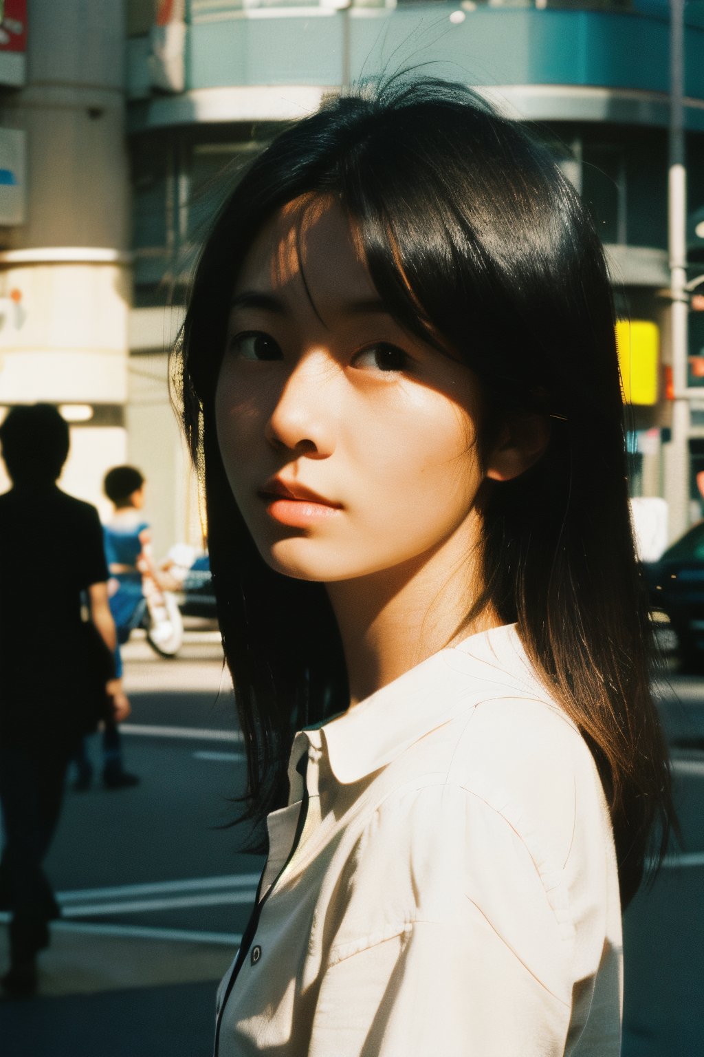 realistic,portrait,film grain,shadow,dark,asian,woman,sunlight,day,epic,fantastic,street,messy hair,light,grainy,real photo,outdoor,grainy,lightshapes,cloudy color,japan,