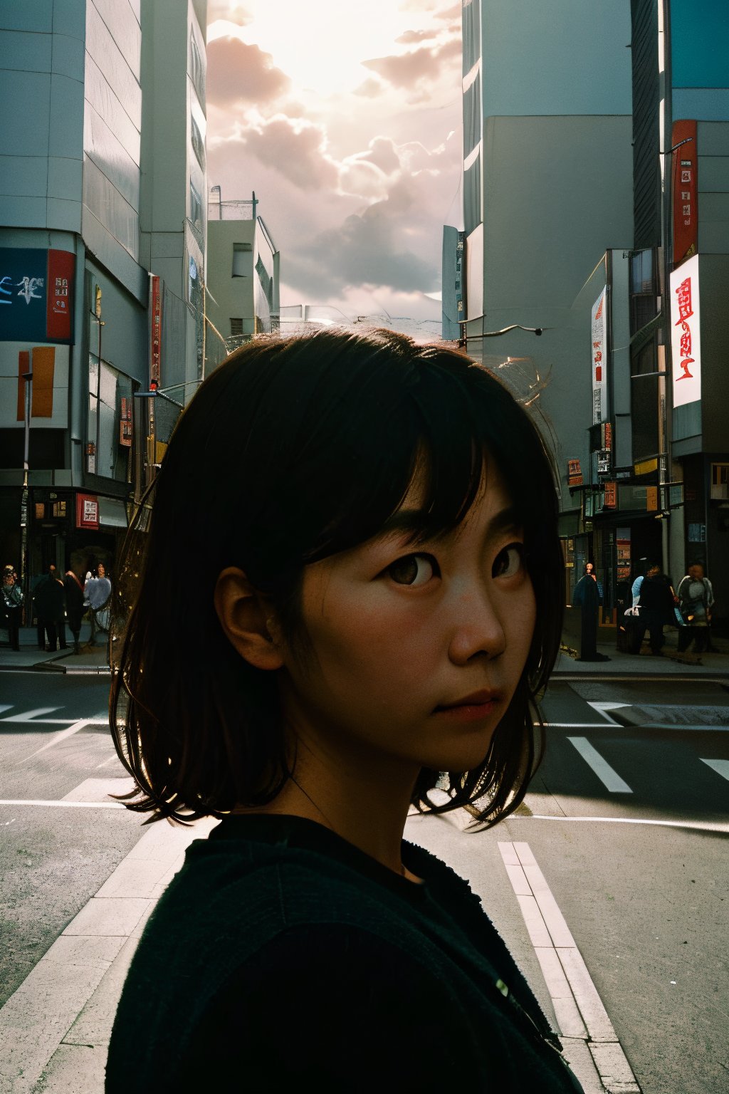 realistic,portrait,film grain,shadow,asian,woman,sunlight,day,epic,fantastic,street,messy hair,light,grainy,real photo,outdoor,grainy,lightshapes,cloudy color,japan,