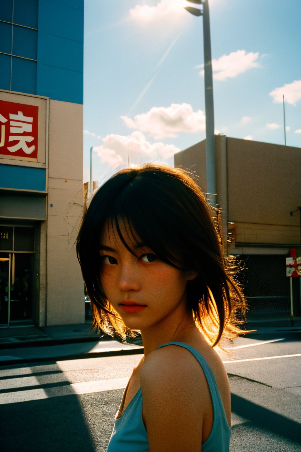 realistic,portrait,film grain,sunlight,shadow,asian,woman,sunlight,day,epic,fantastic,street,messy hair,light,grainy,real photo,outdoor,grainy,lightshapes,cloudy color,japan,score_9