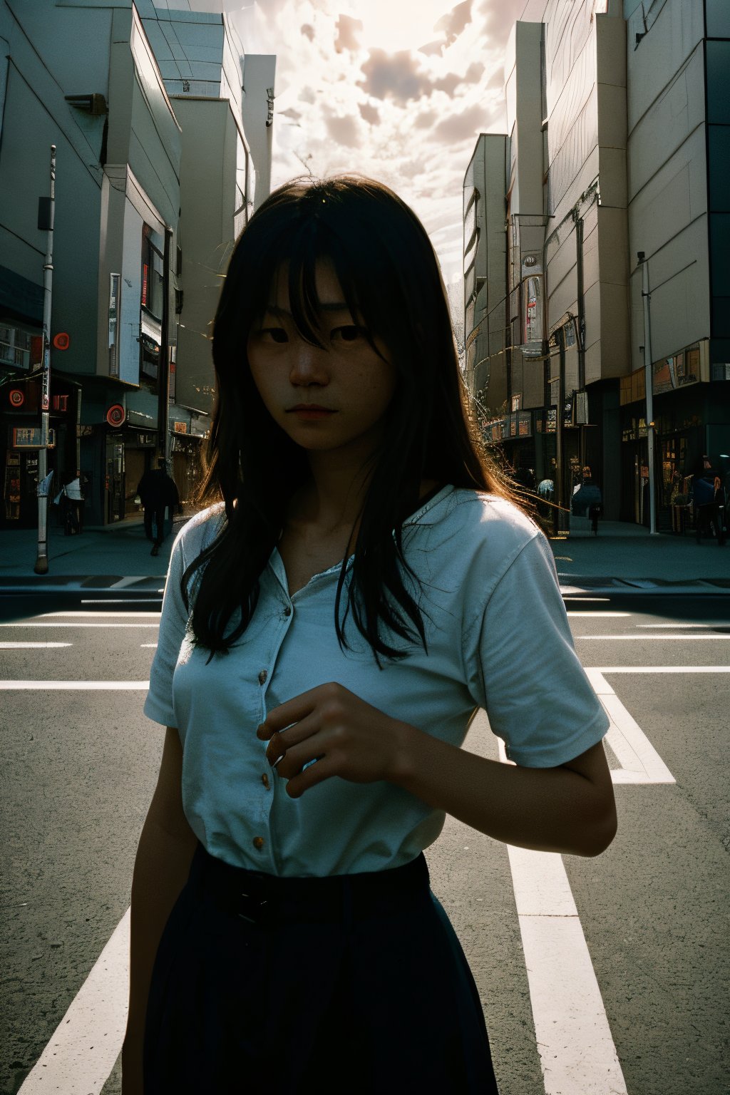 realistic,portrait,film grain,shadow,dark,asian,woman,sunlight,day,epic,fantastic,street,messy hair,light,grainy,real photo,outdoor,grainy,lightshapes,cloudy color,japan,