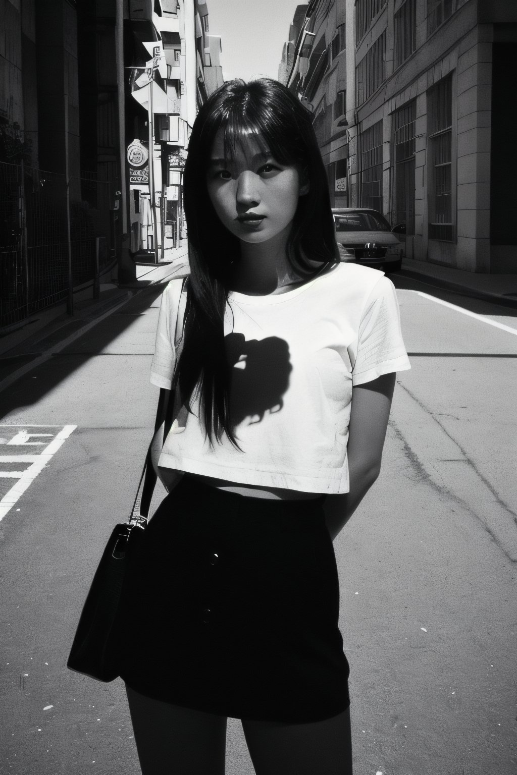 woman,shadow,realistic,ultra-realistic,lightshapes,oraku-b-w,detailed,intricate details,above waist,street,analog film,detailed eyes,