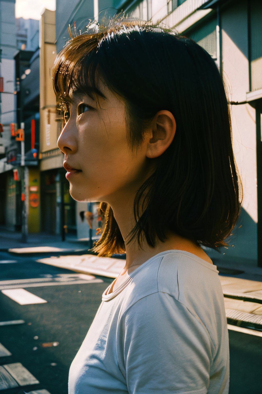 close-up,realistic,portrait,film grain,sunlight,shadow,asian,woman,sunlight,day,epic,fantastic,street,messy hair,light,grainy,real photo,outdoor,grainy,lightshapes,cloudy color,japan,