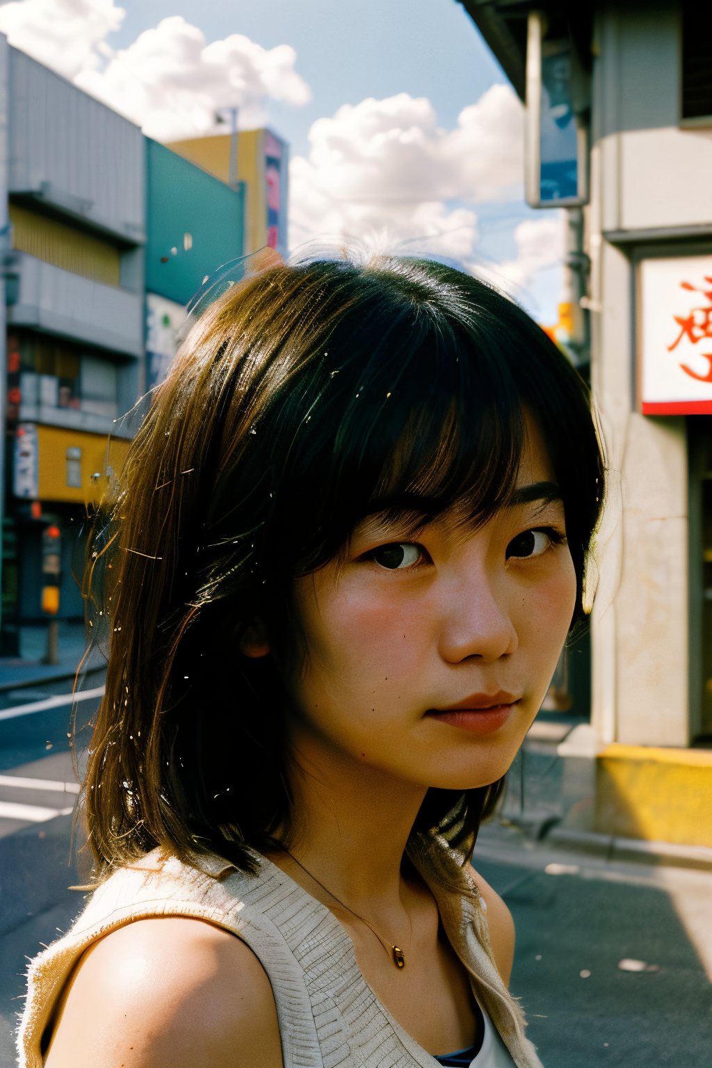 close-up,realistic,portrait,film grain,sunlight,shadow,asian,woman,sunlight,day,epic,fantastic,street,messy hair,light,grainy,real photo,outdoor,grainy,lightshapes,cloudy color,japan,