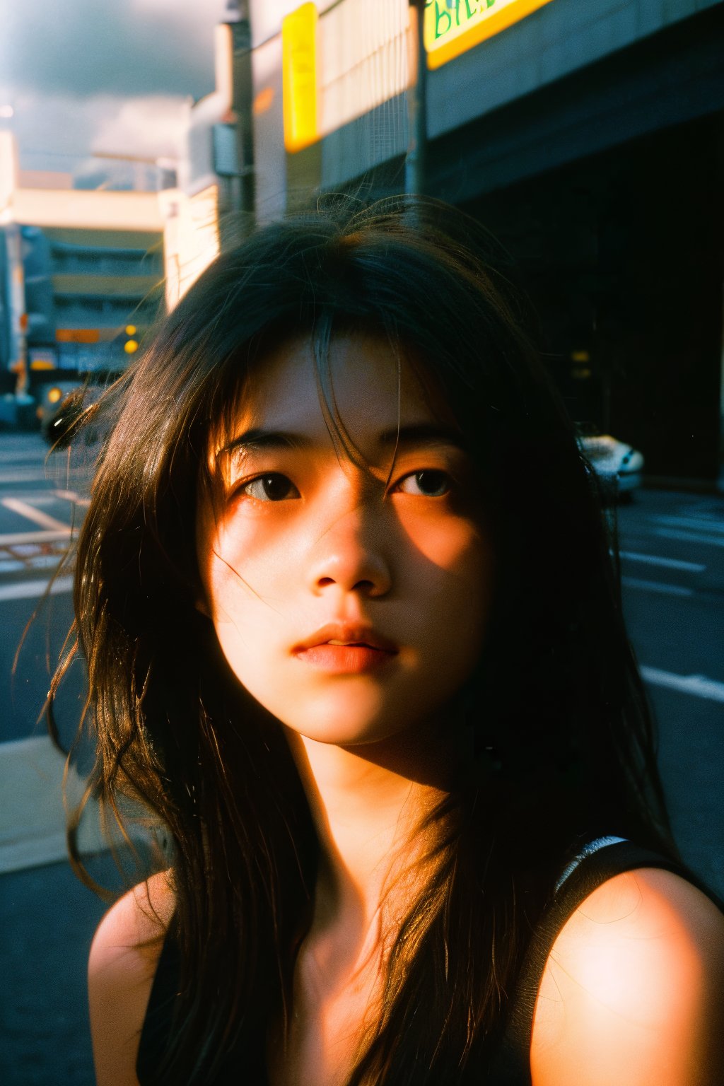 realistic,portrait,film grain,sunlight,shadow,asian,woman,sunlight,day,epic,fantastic,street,messy hair,light,grainy,real photo,outdoor,grainy,lightshapes,cloudy color,japan,score_9