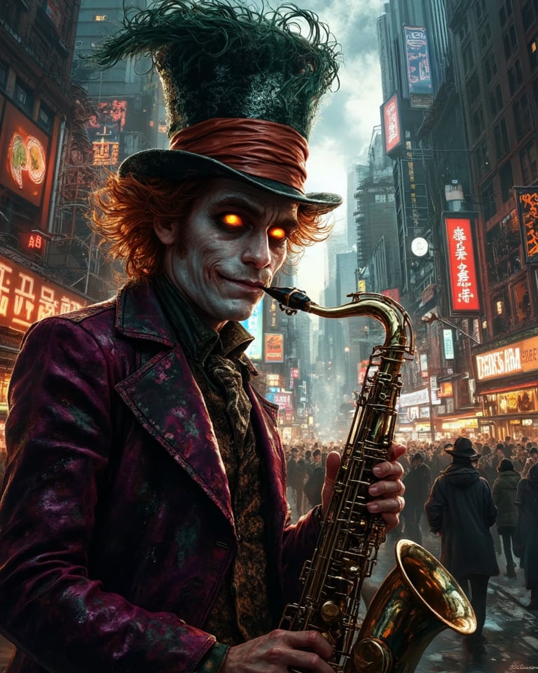 create a picture of The Mad Hatter with devious smirk and sinister sharp eyes playing a mind controlling saxophone in the middle of the bustling city, full of people, making those people have a fiery eyes glow, causing some riot between people who listened to his tunes,Thriller illustration,Fantasy detailers 