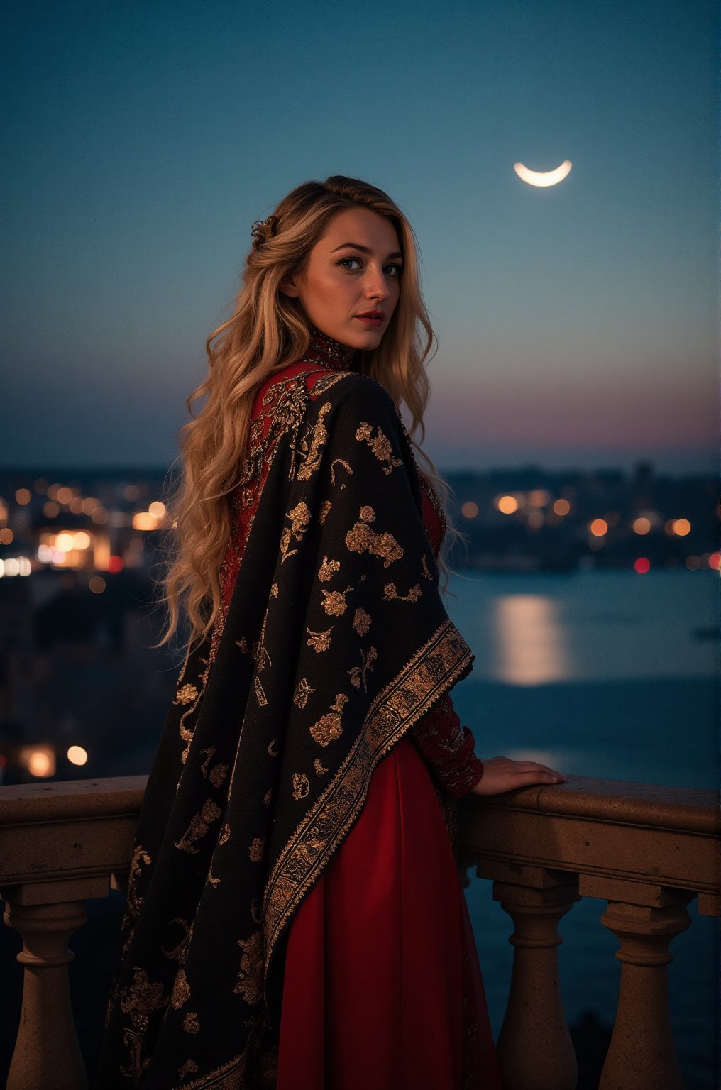 Blake Lively, 16K, UHD, Long Blonde Hair, Masterpieces, A midnight sky stretches beneath the crescent moon as a beautiful woman stands at attention on a castle balcony, draped in a regal red and black cloak embroidered with ancient ruin symbols that shimmer like gold dust. Underneath, she wears a fiery red evening dress. The dark silhouette builds on the shimmering landscape below, where spiers and spiers pierce the starry veil. looking back in the viewer, 