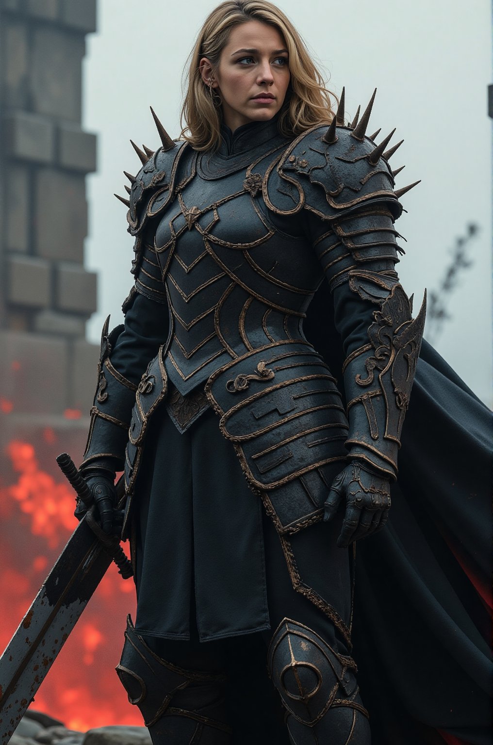 Blake Lively, 32K, UHD, long blonde hair, highly detailed cinematic scene of a dark, armored warrior standing in a dramatic pose. The warrior should be clad in spiked, black armor that covers the entire body, The warrior holds a massive, broad-bladed sword that shows signs of wear, with scratches and bloodstains on the blade. The background should be a mix of light and dark tones, with red hues near the bottom to suggest an intense and dramatic atmosphere. The overall composition should convey a sense of power and readiness for battle, with a focus on the intricate details of the armor and the imposing presence of the warrior. high contrast and dynamic lighting to enhance the dramatic effect, aidmaMJ6.1, HKMagic