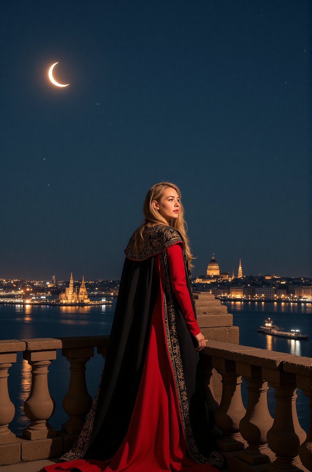 Blake Lively, 16K, UHD, Long Blonde Hair, Masterpieces, A midnight sky stretches beneath the crescent moon as a beautiful woman stands at attention on a castle balcony, draped in a regal red and black cloak embroidered with ancient ruin symbols that shimmer like gold dust. Underneath, she wears a fiery red evening dress. The dark silhouette builds on the shimmering landscape below, where spiers and spiers pierce the starry veil.