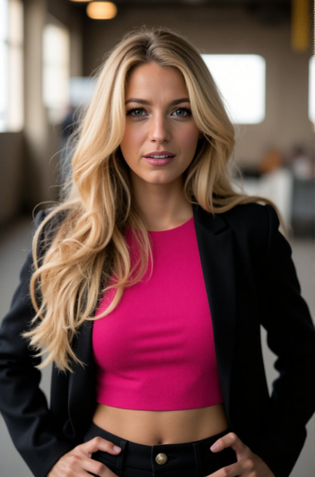 Blake Lively, 16K, UHD, Long Blonde Hair, Masterpieces, A confident young woman poses in an industrial setting, wearing a black blazer over a striking pink crop top. Her long, flowing hair frames her face, emphasizing her sharp features and piercing gaze. The contrasting colors and textures create a bold fashion statement, while the natural light streaming in from the windows enhances the ambiance of the scene.