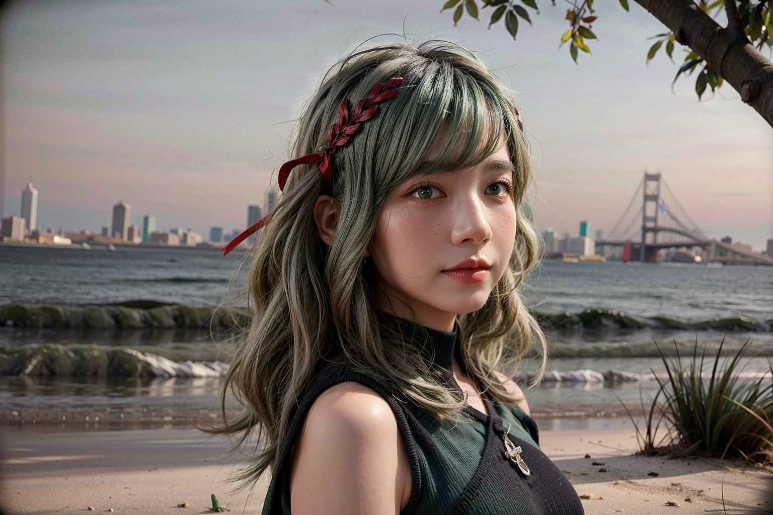 1girl, solo, long hair, breasts, looking at viewer, Mina face, slim face, model body, teenage skin, moist skin, outdoor, walking at beach, deformed Anime ,smirk, hair ribbon, hair ornament, hanfu green shirt, wide sleeves red skirt, long skirt, east asian architecture,((hair ribbon hair ornament,bun)),((Portrait)),maomao,((Dark green hair:1.4)), shangfu, jinshi,[[[freckles]]],Add more detail, perfect eyes,Extremely Realistic, smile