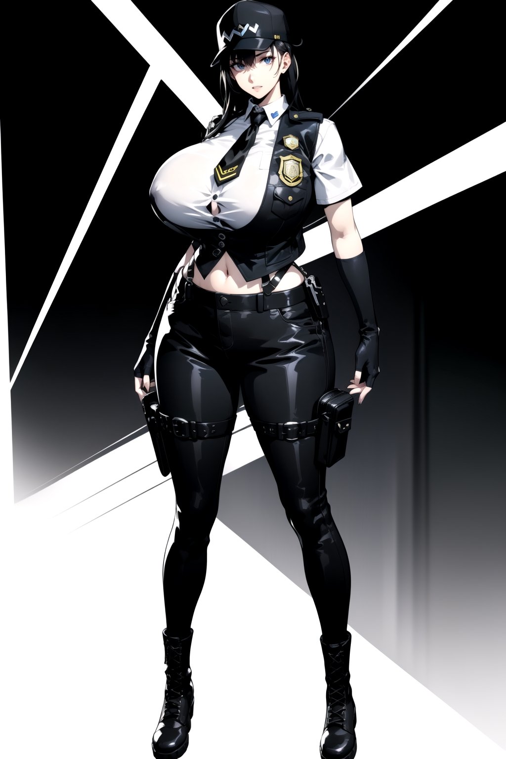 1girl, fullbody, mature female, milf, curvy, large breasts,abs, voloptuous, BREAK (black techwear vest with a white buttoned shirt, black pants with buckle and tape), (police badge), tall, full body shot, cyberpunk style,standing, symmetrical breasts, fingerless gloves, combat boots,