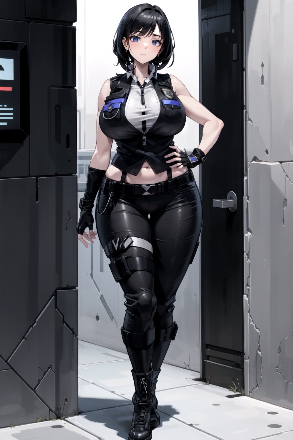 1girl, fullbody, mature female, milf, curvy, large breasts,abs, voloptuous, BREAK (black techwear vest with a white buttoned shirt, black pants with buckle and tape), (police badge), tall, full body shot, cyberpunk style,standing, symmetrical breasts, fingerless gloves, combat boots,