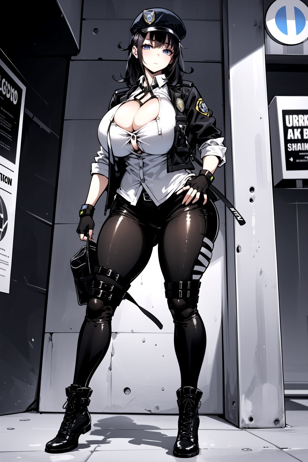 1girl, fullbody, mature female, milf, curvy, large breasts,abs, voloptuous, BREAK (black techwear vest with a white buttoned shirt, black pants with buckle and tape), (police badge), tall, full body shot, cyberpunk style,standing, symmetrical breasts, fingerless gloves, combat boots,1 girl