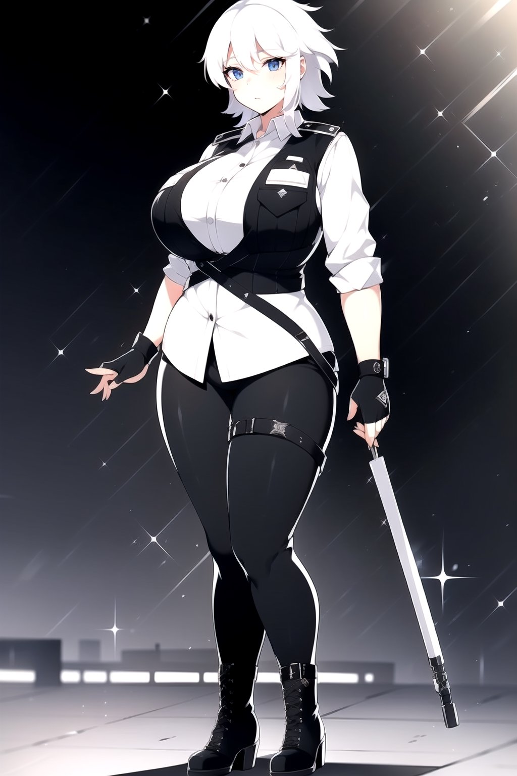 1girl, fullbody, mature female, milf, curvy, large breasts,abs, voloptuous, BREAK (black techwear vest with a white buttoned shirt, black pants with buckle and tape), (police badge), tall, full body shot, cyberpunk style,standing, symmetrical breasts, fingerless gloves, combat boots,Senran Kagura Style,1 girl