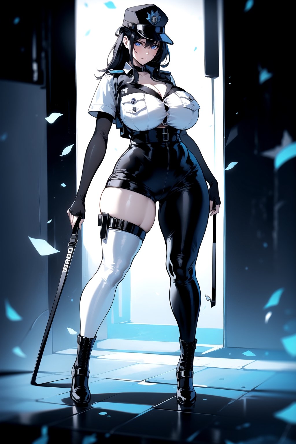 1girl, fullbody, mature female, milf, curvy, large breasts,abs, voloptuous, BREAK (black techwear vest with a white buttoned shirt, black pants with buckle and tape), (police badge), tall, full body shot, cyberpunk style,standing, symmetrical breasts, fingerless gloves, combat boots,Dandonfuga, realistic, glossy,1 girl